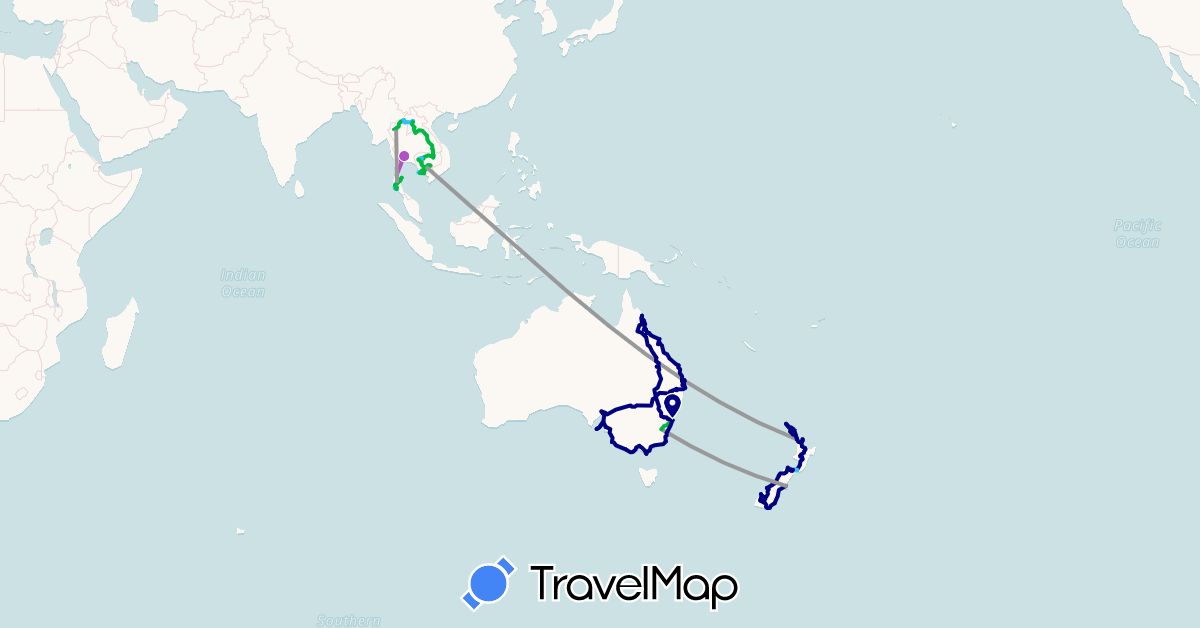TravelMap itinerary: driving, bus, plane, cycling, train, boat, motorbike in Australia, Cambodia, Laos, New Zealand, Thailand (Asia, Oceania)
